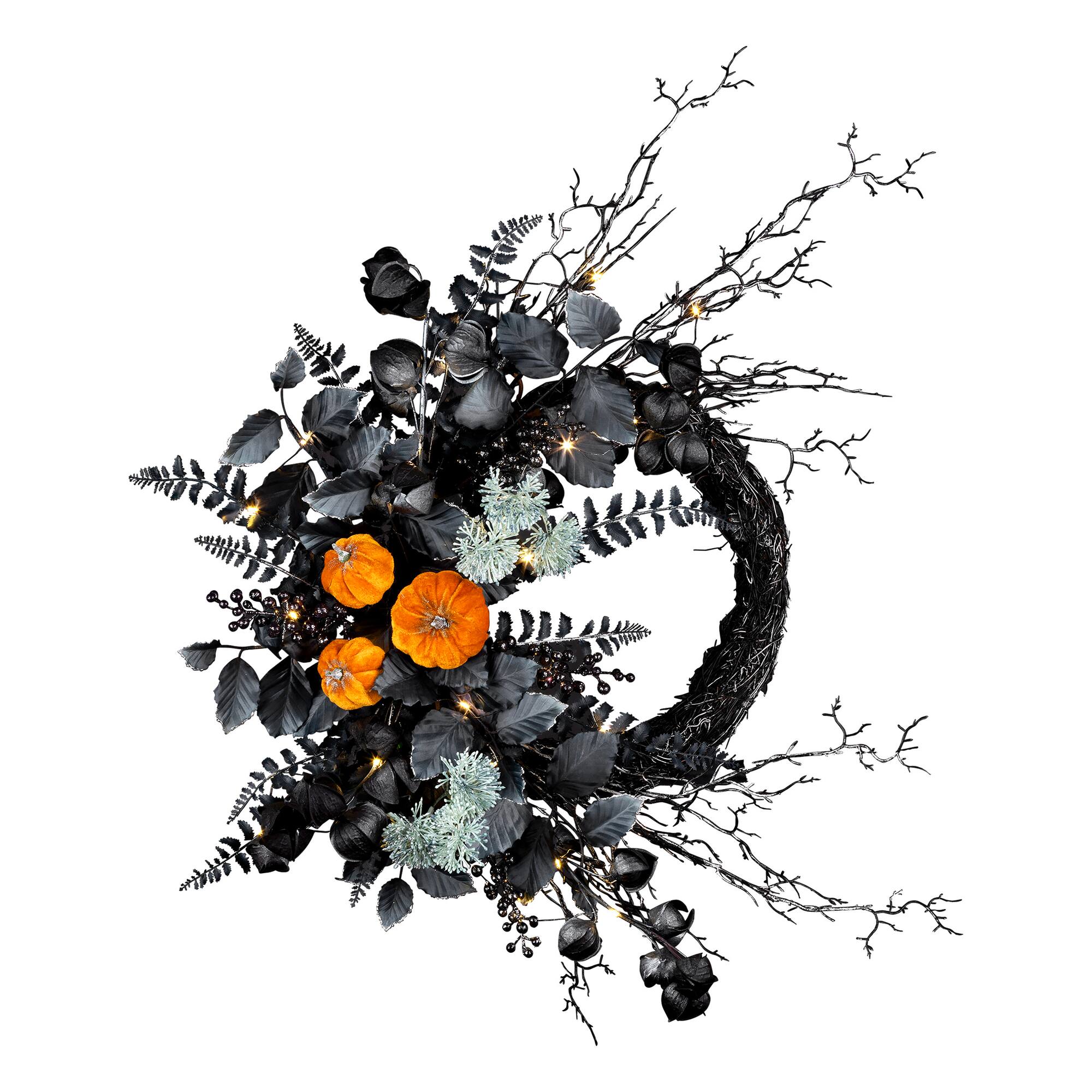 20" Halloween Pumpkin & Flower Pre-Lit LED Wreath